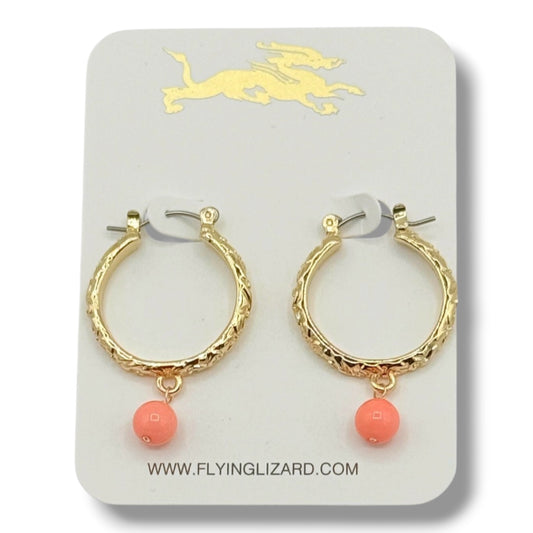 Peach Coral & Gold Floral Hoops