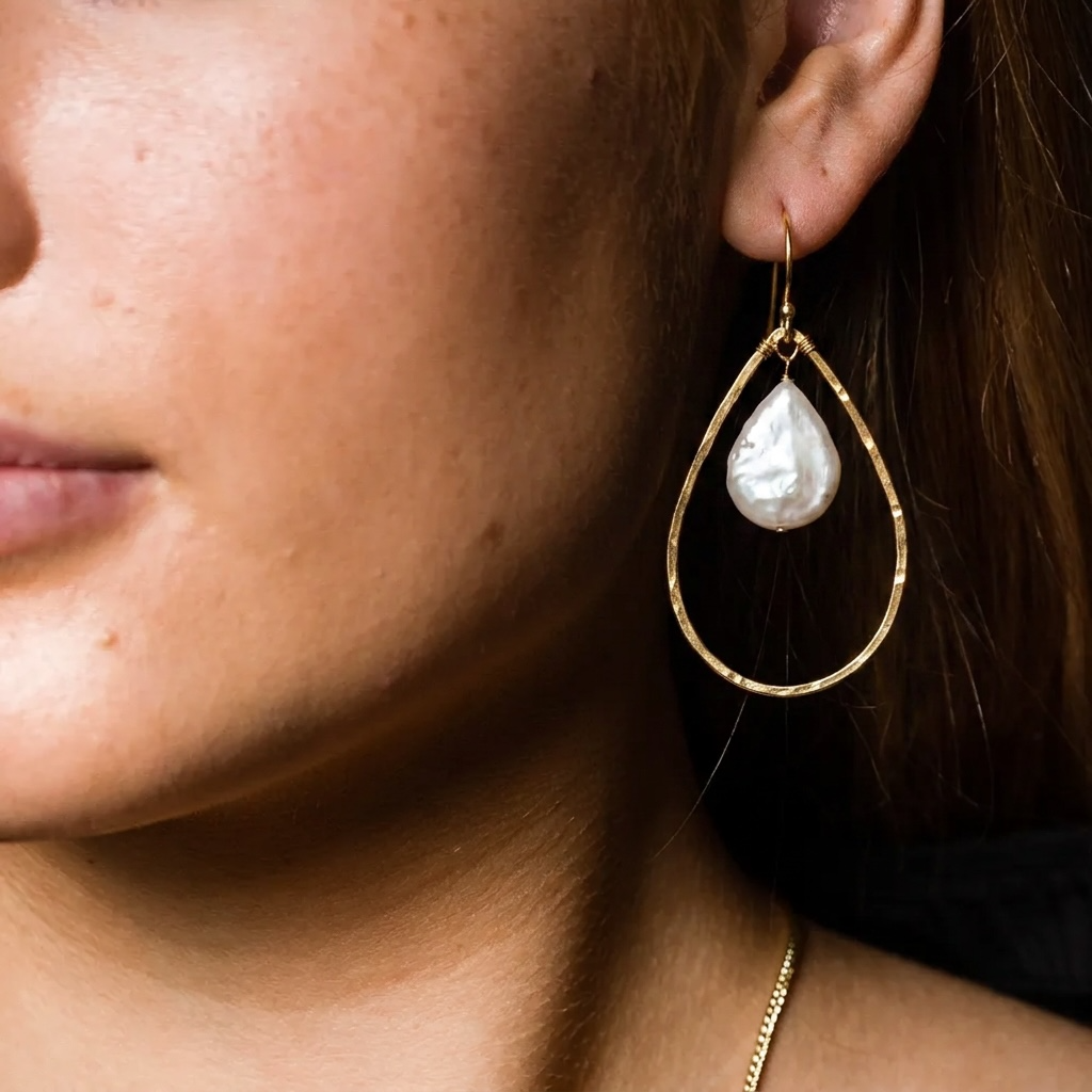Organic Teardrop Hoop Earrings with Pearl Drops