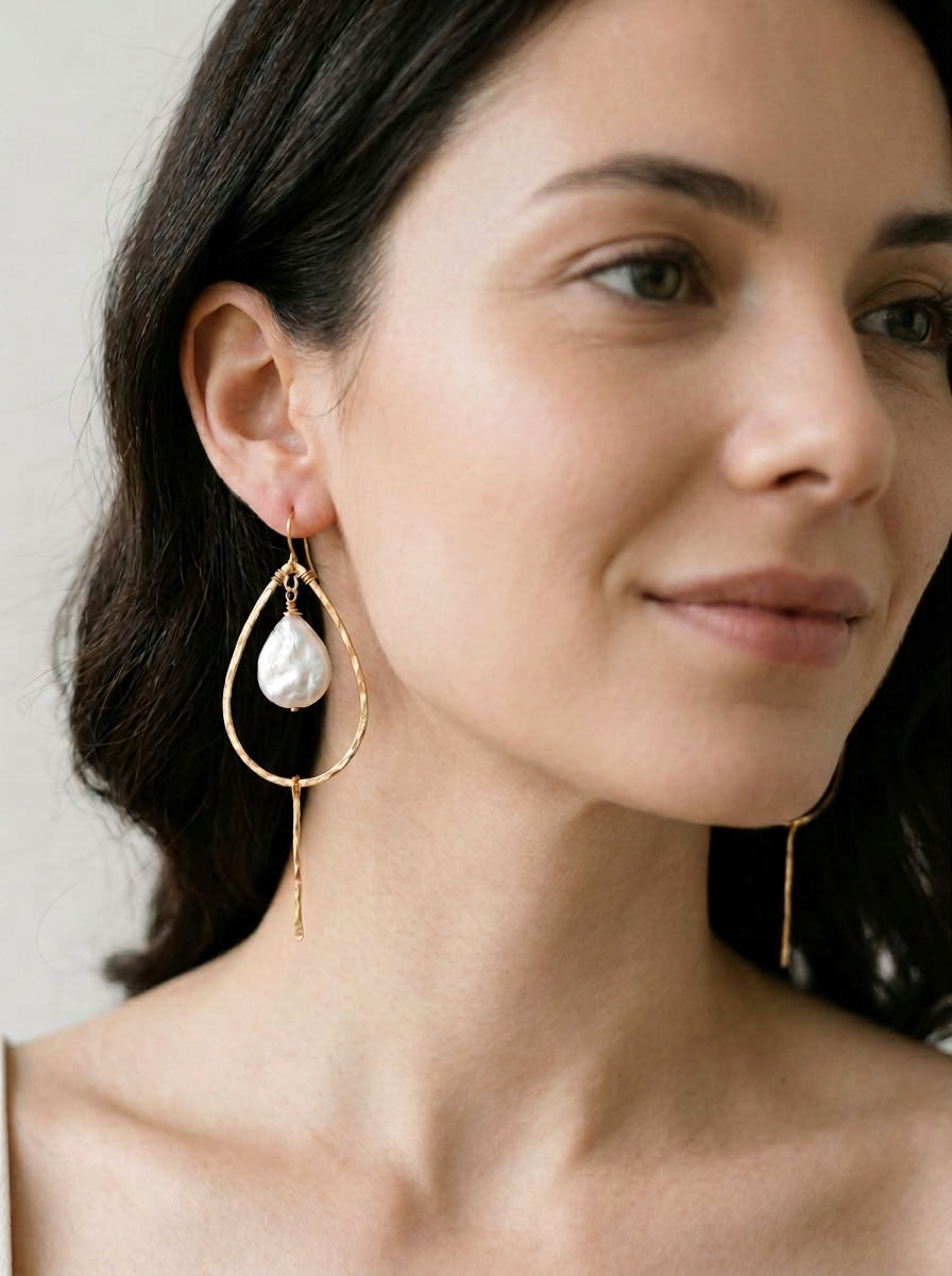 Hammered Gold Teardrop Earrings – Pearl or Turquoise