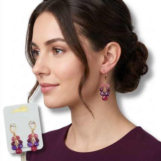 Ruby, Amethyst & Garnet Cluster Earrings, 14K Gold Filled Lever-Back