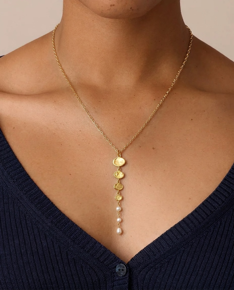 Tidal Drop Lariat Necklace – Baroque Pearl or Organic Gold Disc