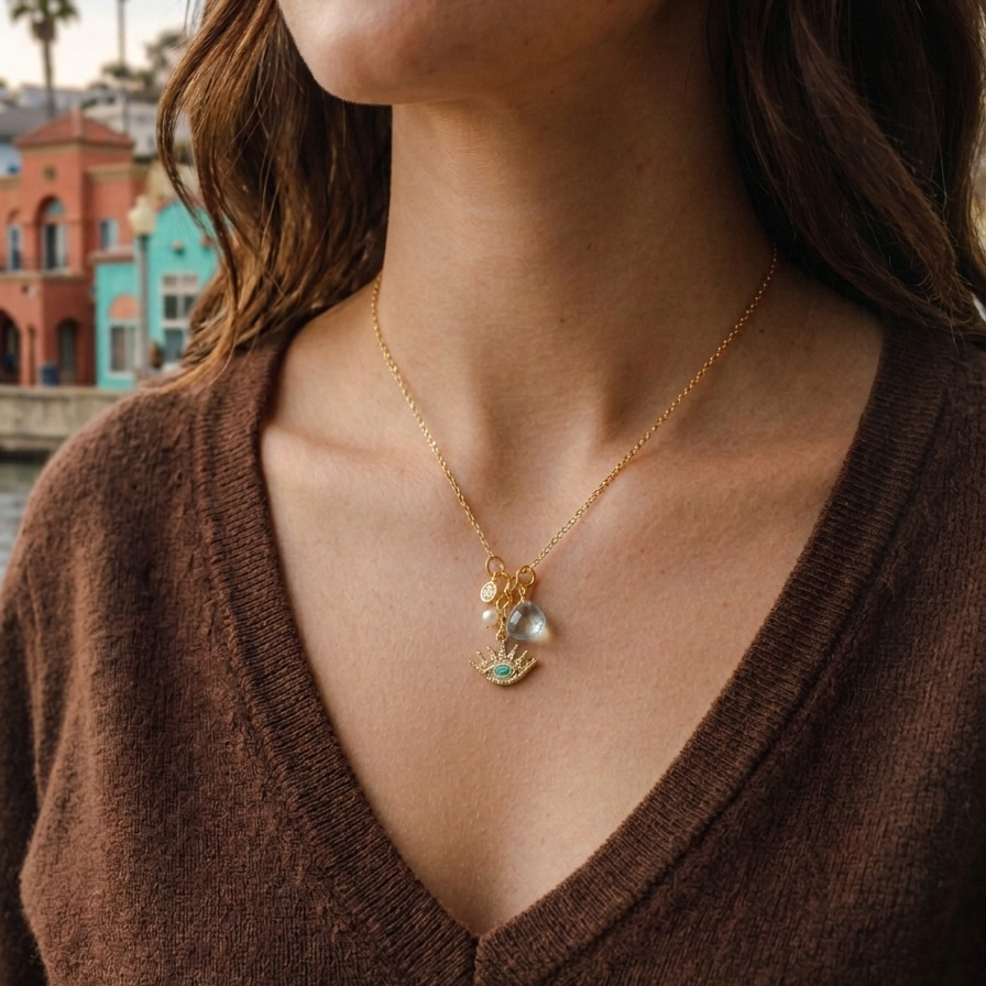 Modern Talisman Gemstone Necklace – Turquoise & Gold Charms