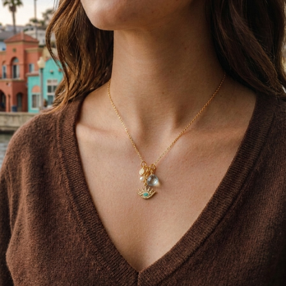 Modern Talisman Gemstone Necklace – Turquoise & Gold Charms