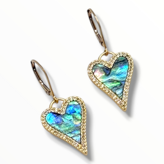 Abalone & Mother of Pearl Heart Earrings – 14K Gold-Filled Leverbacks