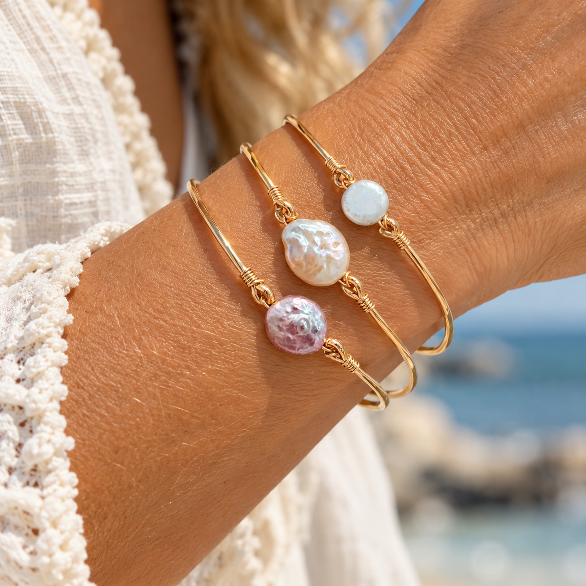 Purple/Pink , Blush and White Baroque Pearl Bangles – 18K Gold Vermeil | Artisan Pearl Bracelet