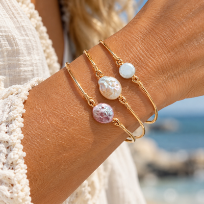 Purple/Pink , Blush and White Baroque Pearl Bangles – 18K Gold Vermeil | Artisan Pearl Bracelet