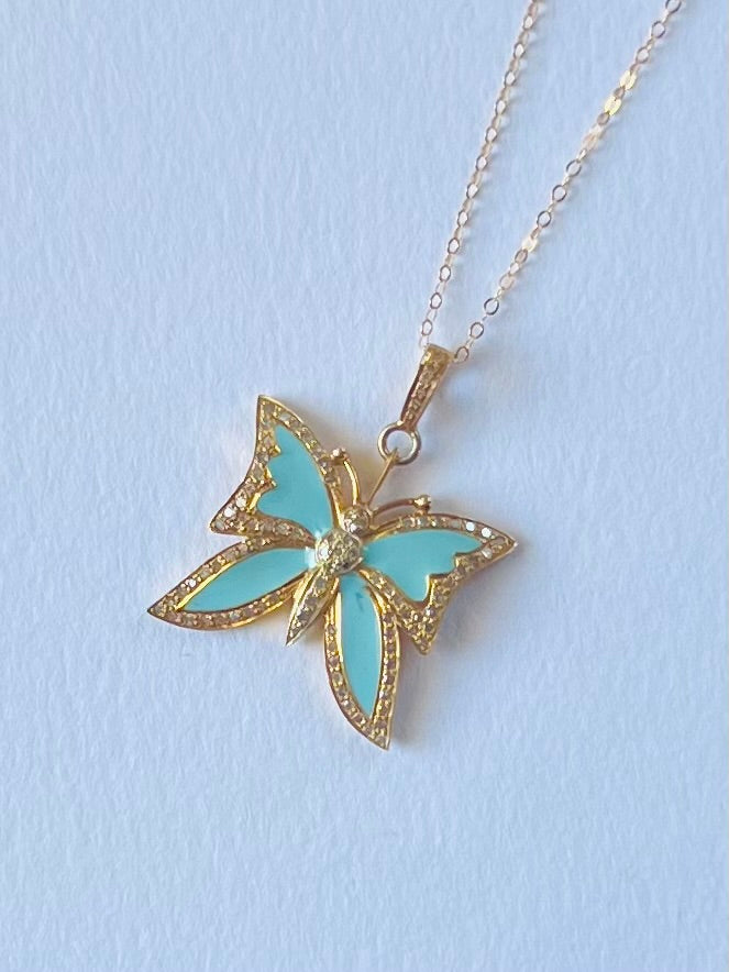 Diamond & Turquoise Enamel Butterfly Necklace