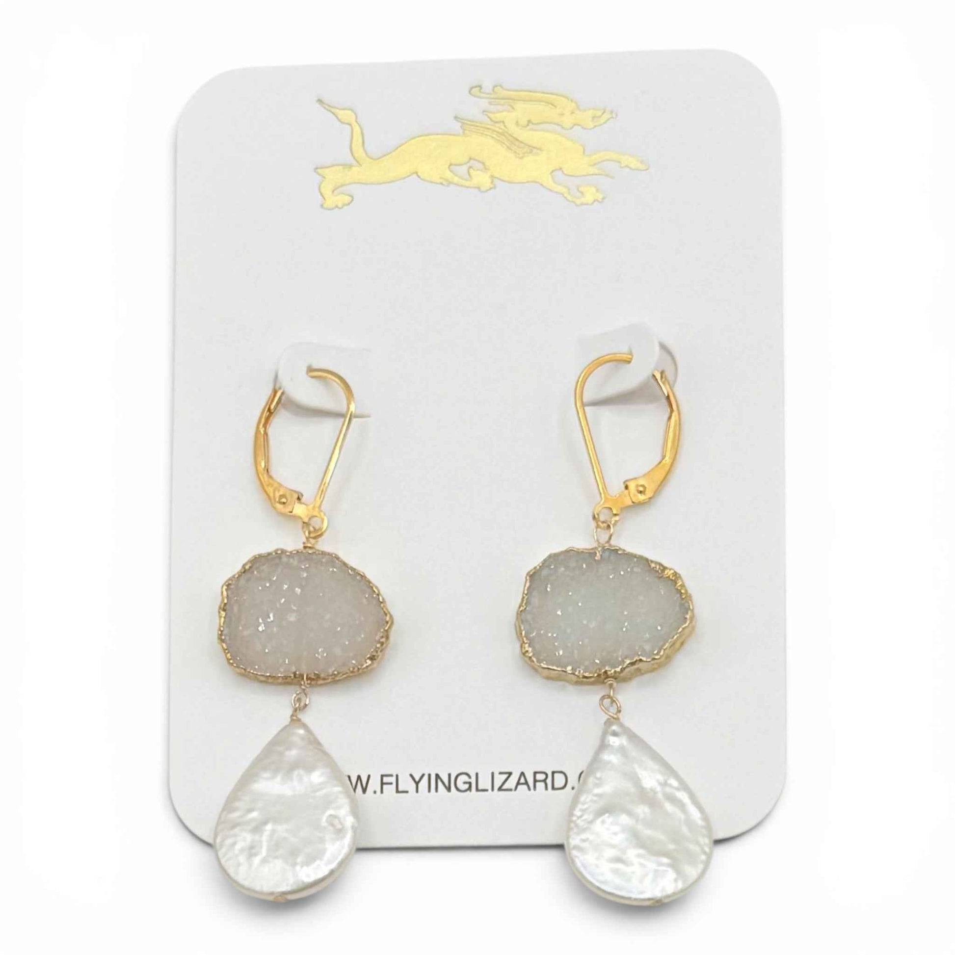 White Sparkle Drusy Pearl Earrings