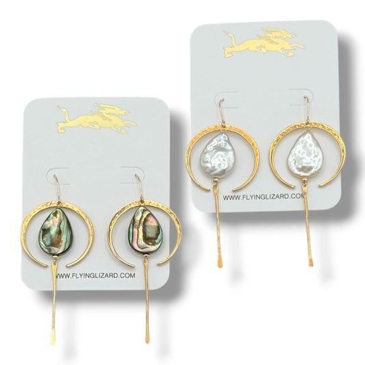 Gold Crescent Moon with Abalone or Pearl Teardrops