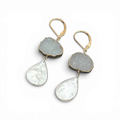 White Sparkle Drusy Pearl Earrings
